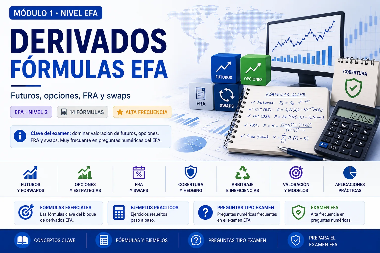 Derivados fórmulas EFA: futuros, opciones, FRA, swaps, cobertura y valoración