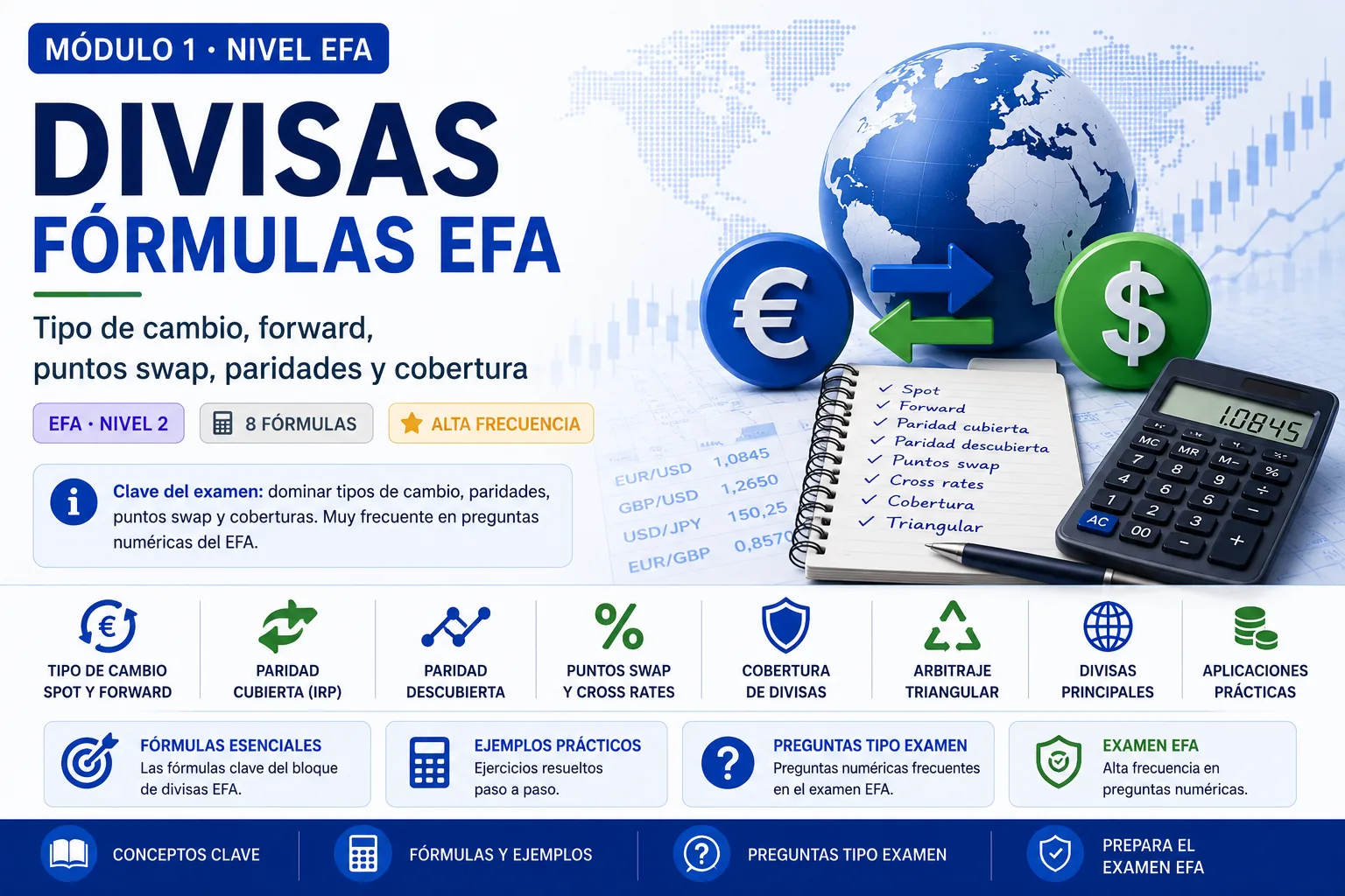 Divisas fórmulas EFA: tipo de cambio, forward, puntos swap, paridades y cobertura