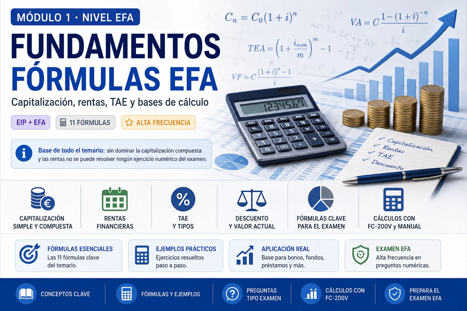 Fundamentos financieros EFA: capitalización, rentas, TAE y bases de cálculo